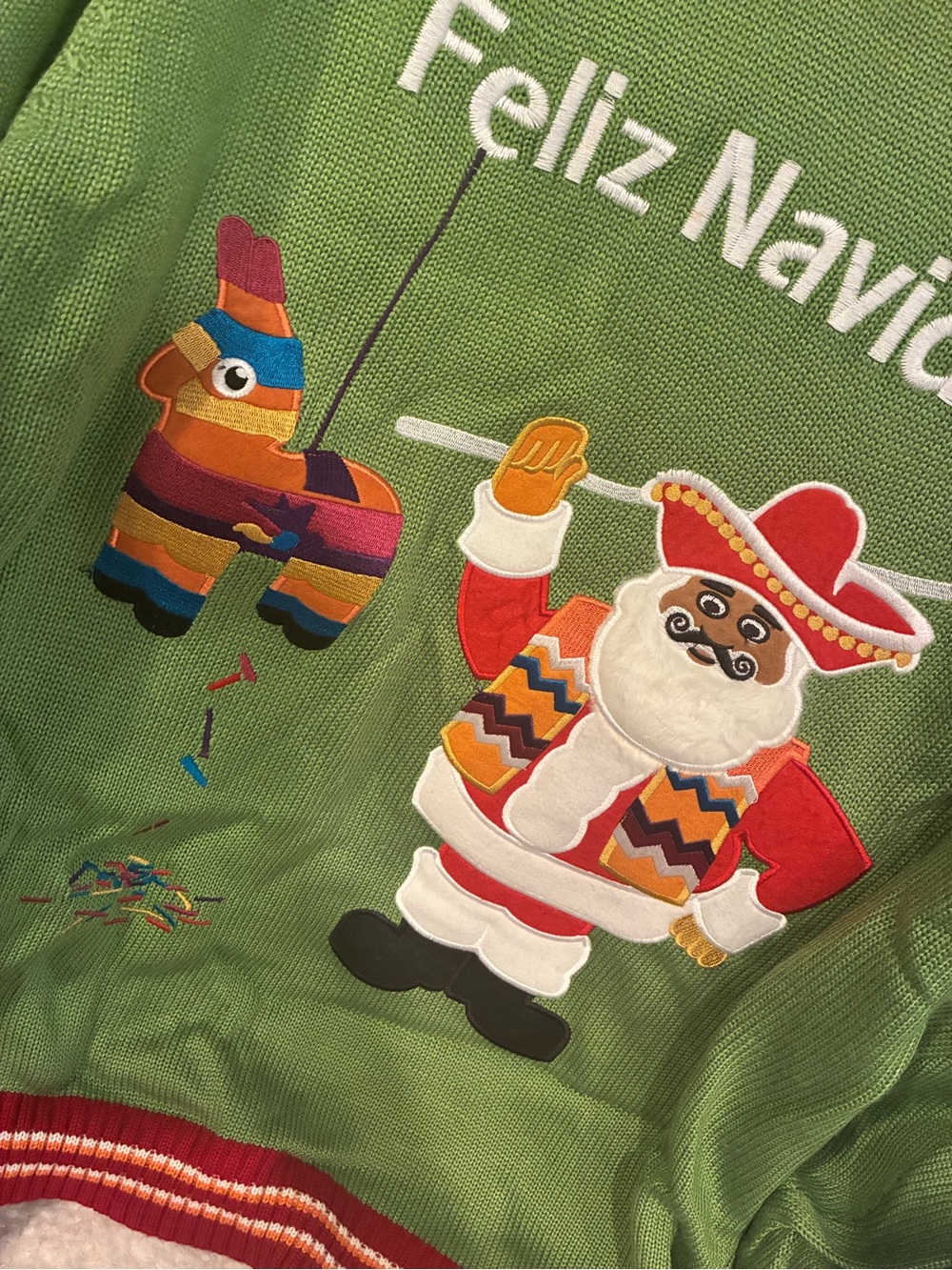 Feliz Navidad Piñata Santa Appliqué Sweater